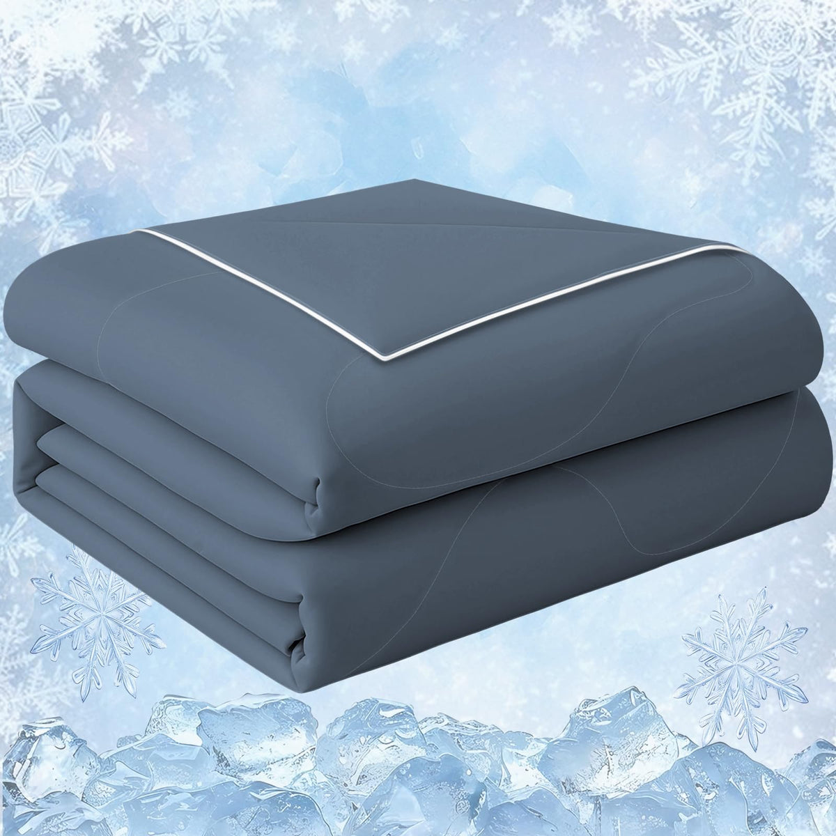 Cushious cooling comforter shows double-sided fabric for instant cooling.