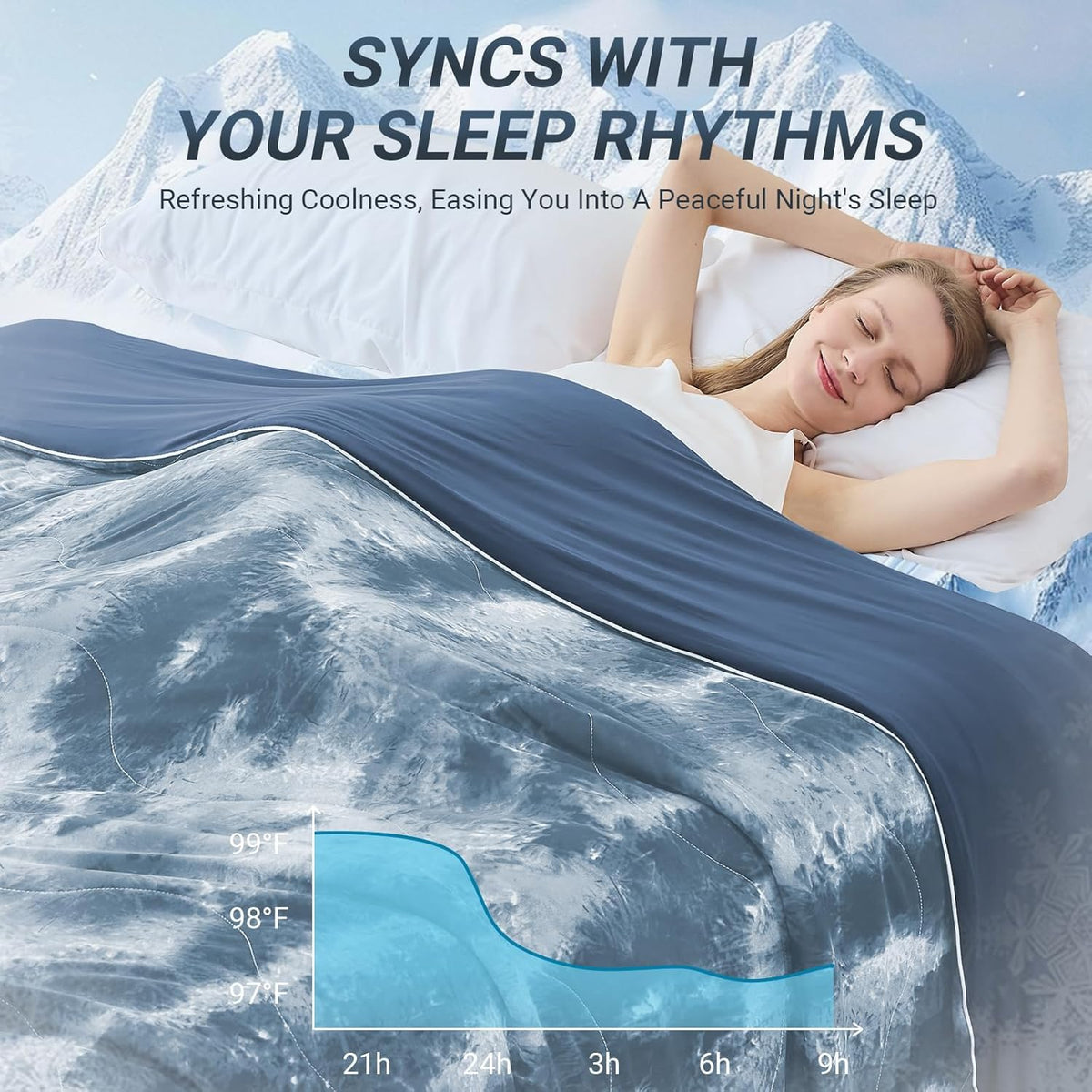 Cushious cooling comforter close-up of double-sided fabric shows skin-friendly cold touch.