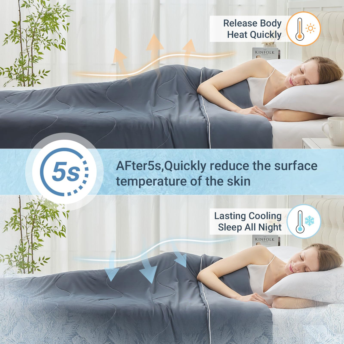 Cushious cooling comforter in bed setup highlights lightweight comfort.