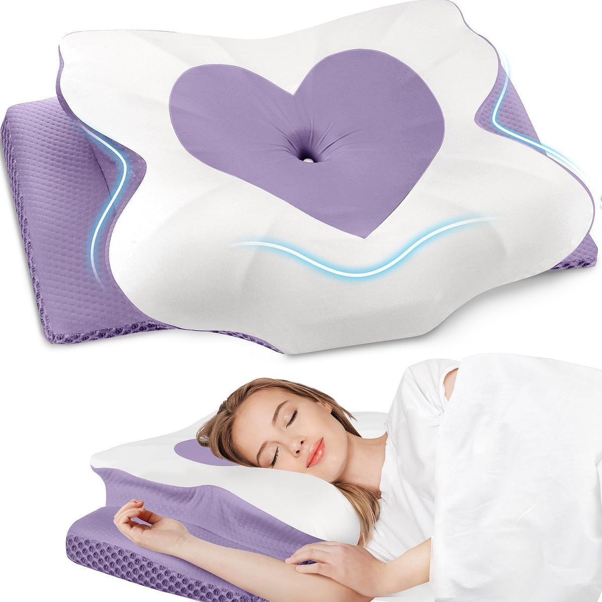 CushZone cervical neck pillow heart-shape close-up highlighting ergonomic support.