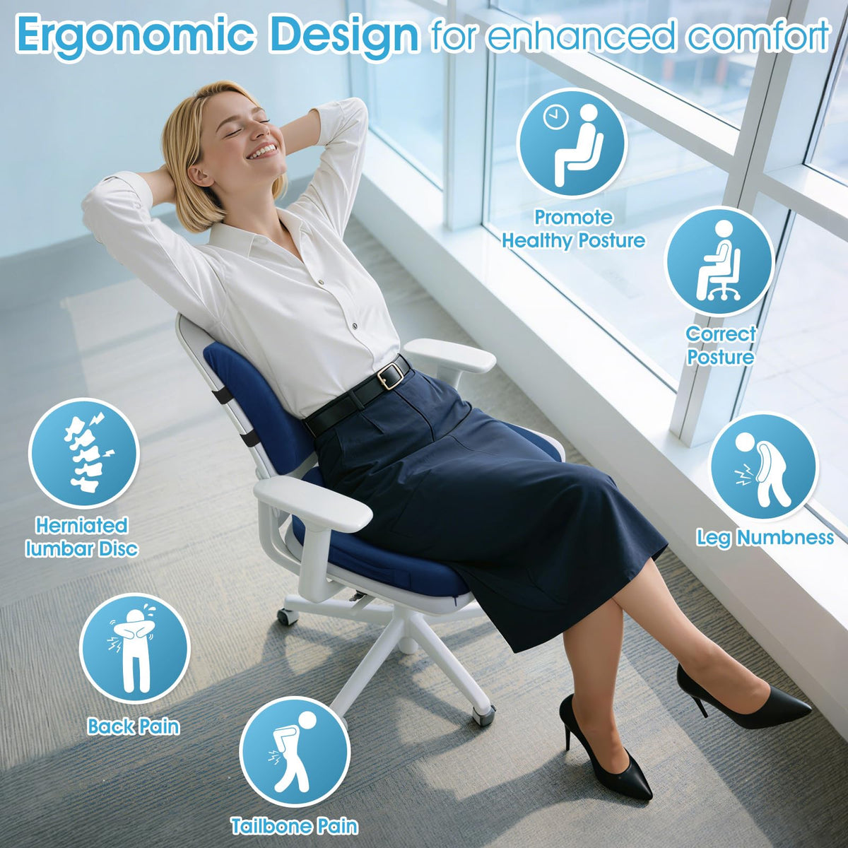 CushZone lumbar support pillow with adjustable strap for universal fit.