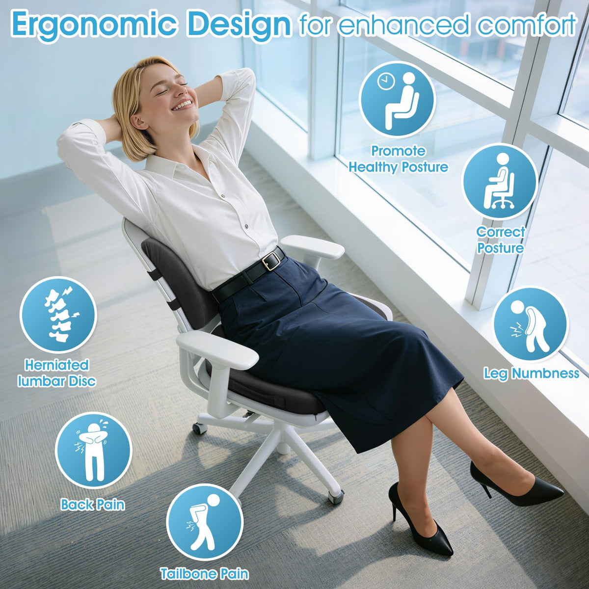 CushZone lumbar support pillow with adjustable strap for chair compatibility.