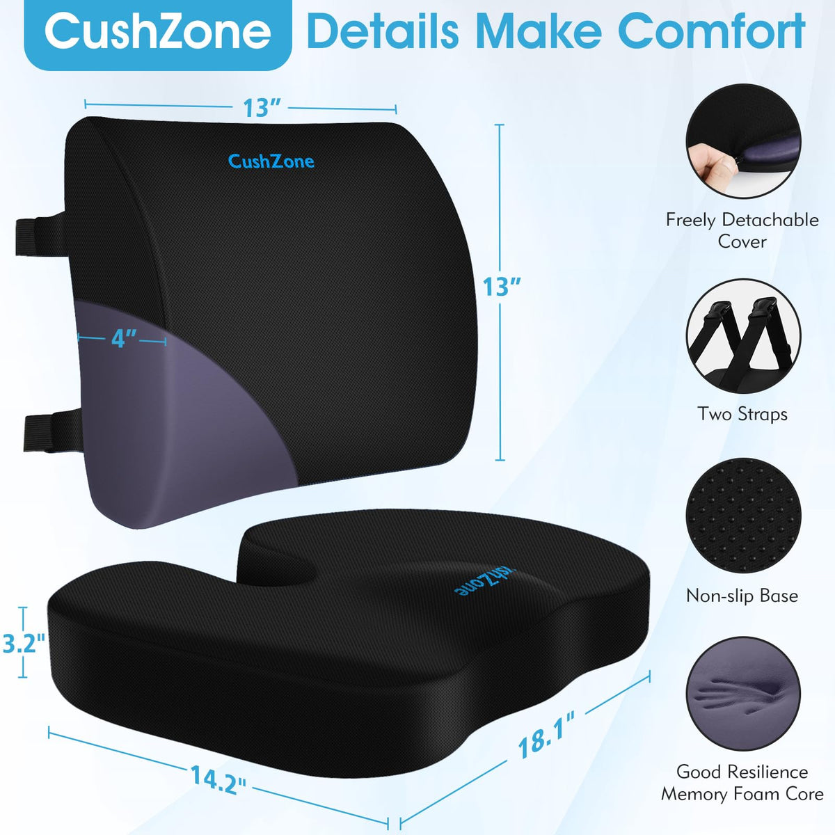 CushZone memory foam close-up illustrating contouring comfort