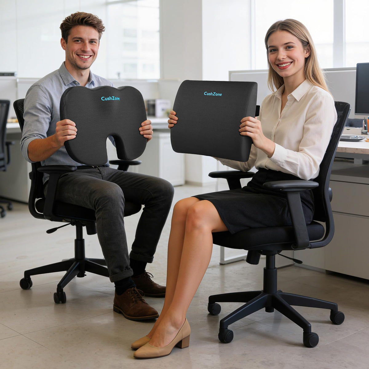 CushZone office-chair use enhances desk-time comfort.