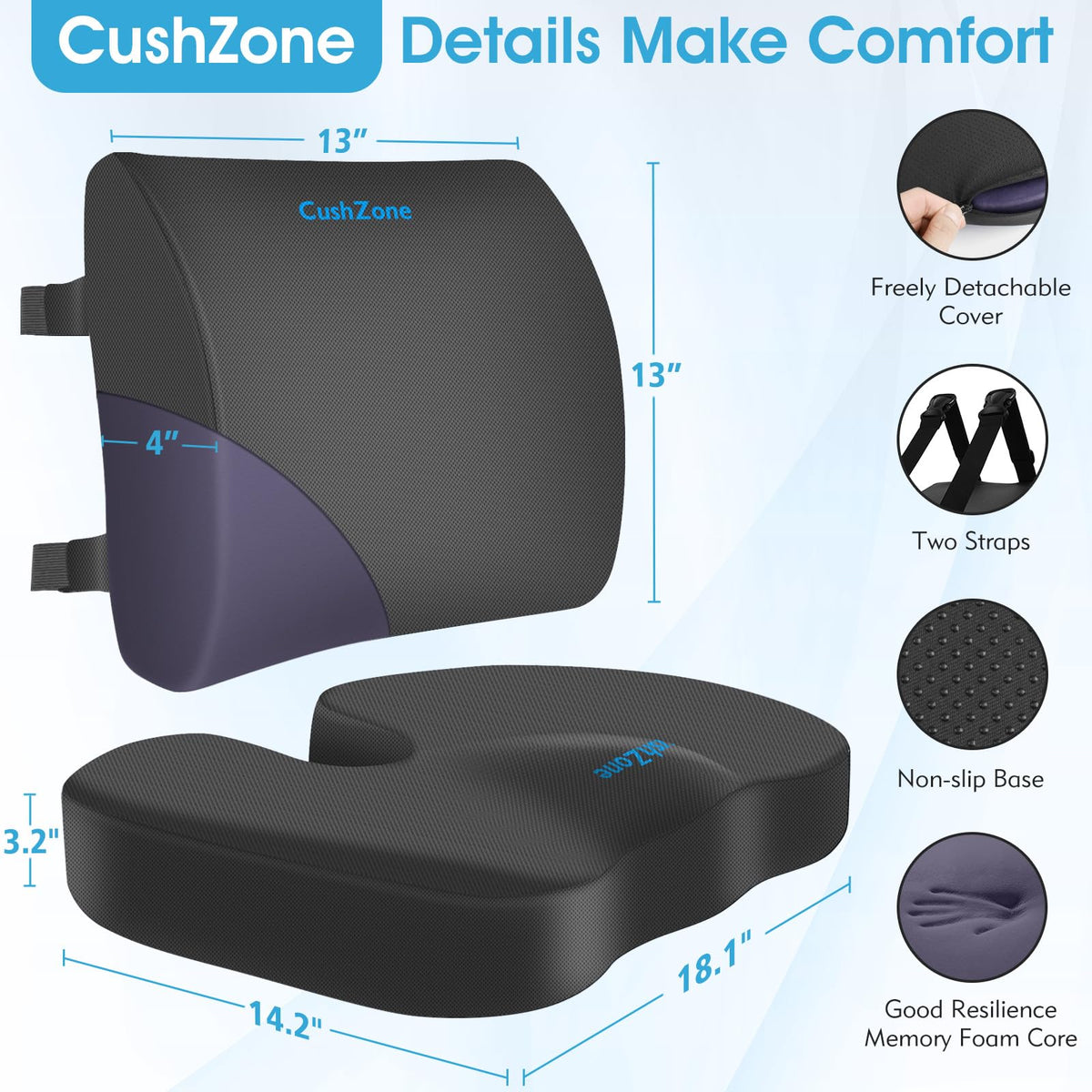 CushZone seat cushion features a non-slip bottom to stay in place.
