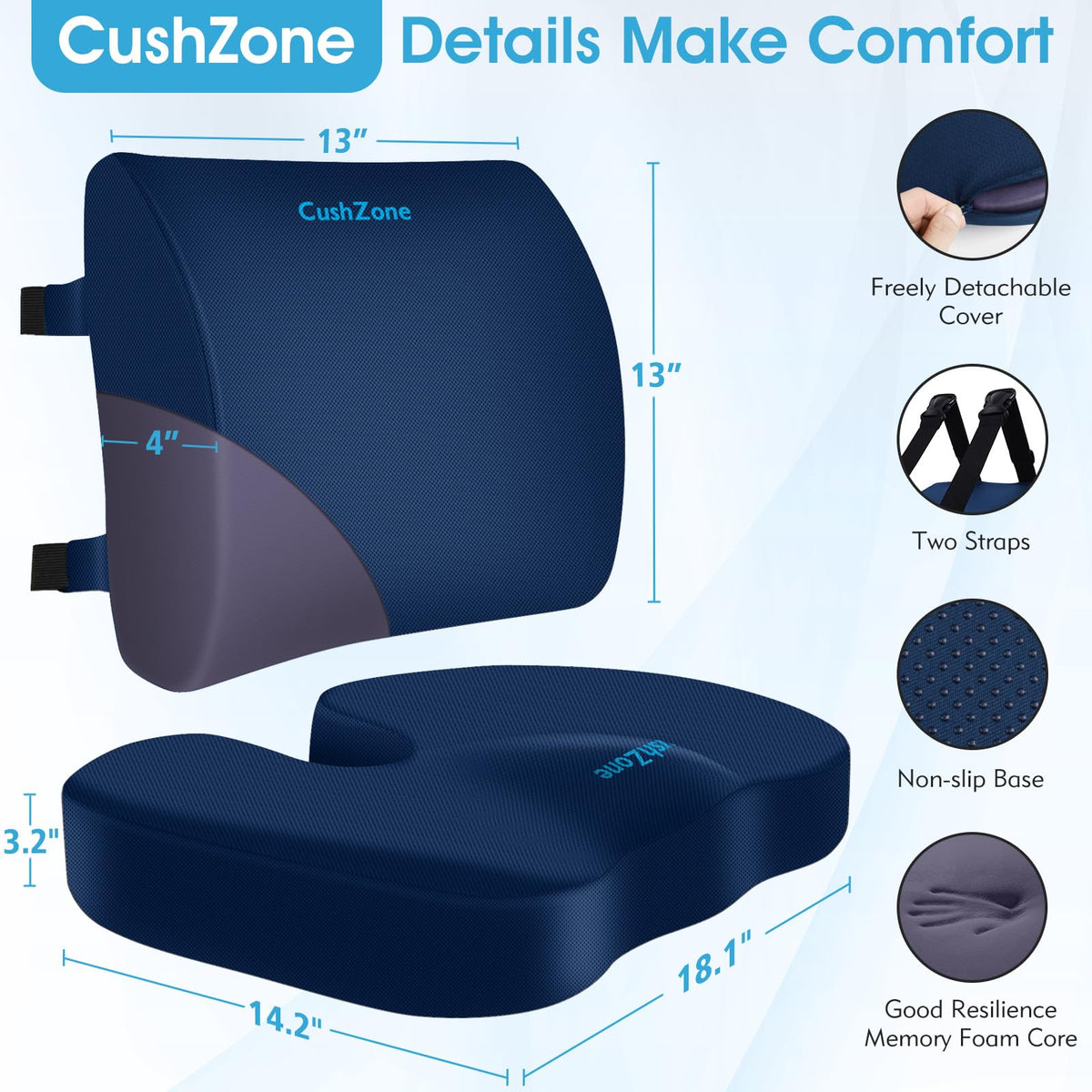 CushZone seat cushion with removable washable cover for easy cleaning.
