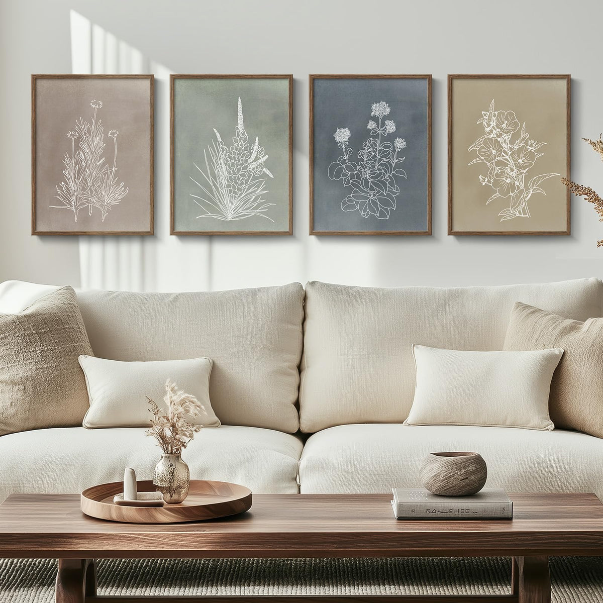 Cuspin framed boho floral prints brighten living rooms and match rustic decor.