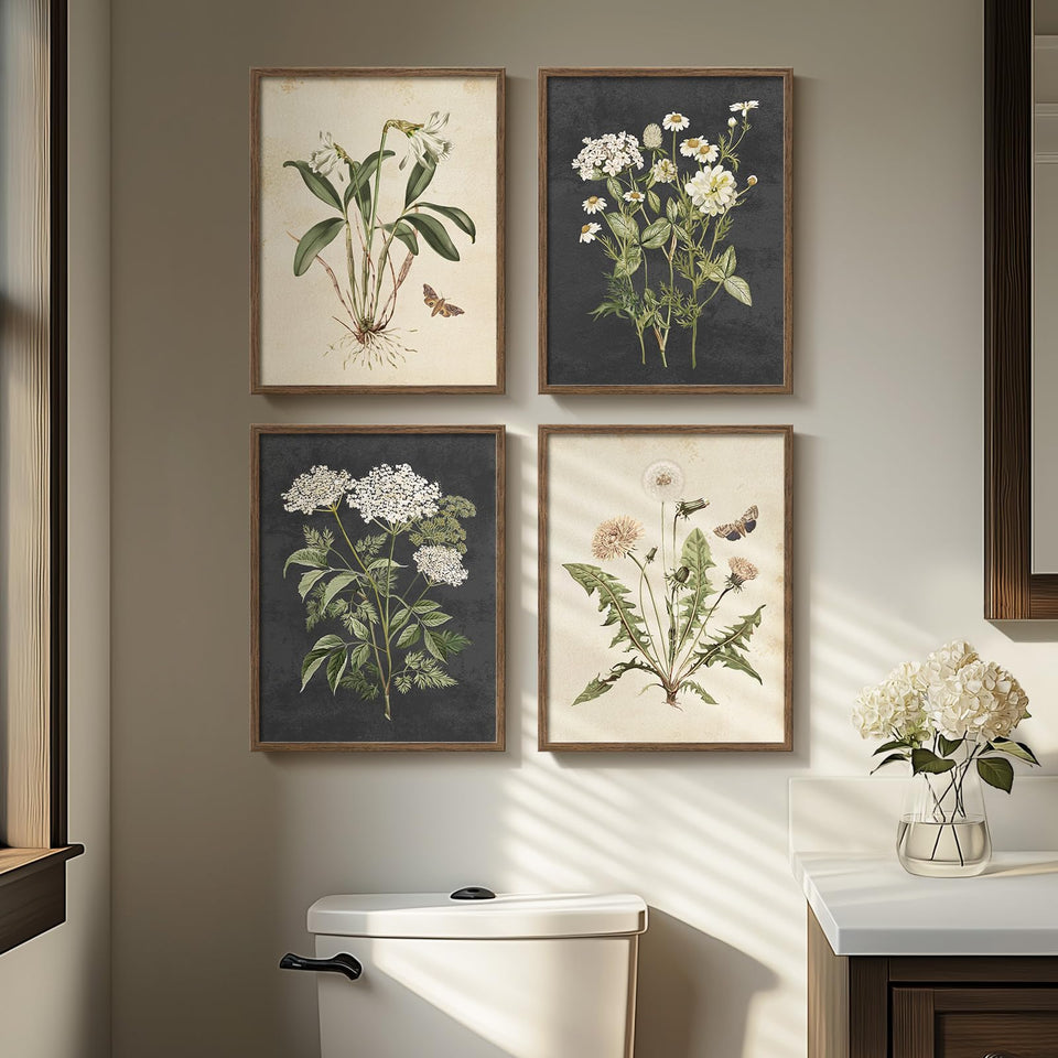 Cuspin framed botanical wall art: four-piece collection for living room display.
