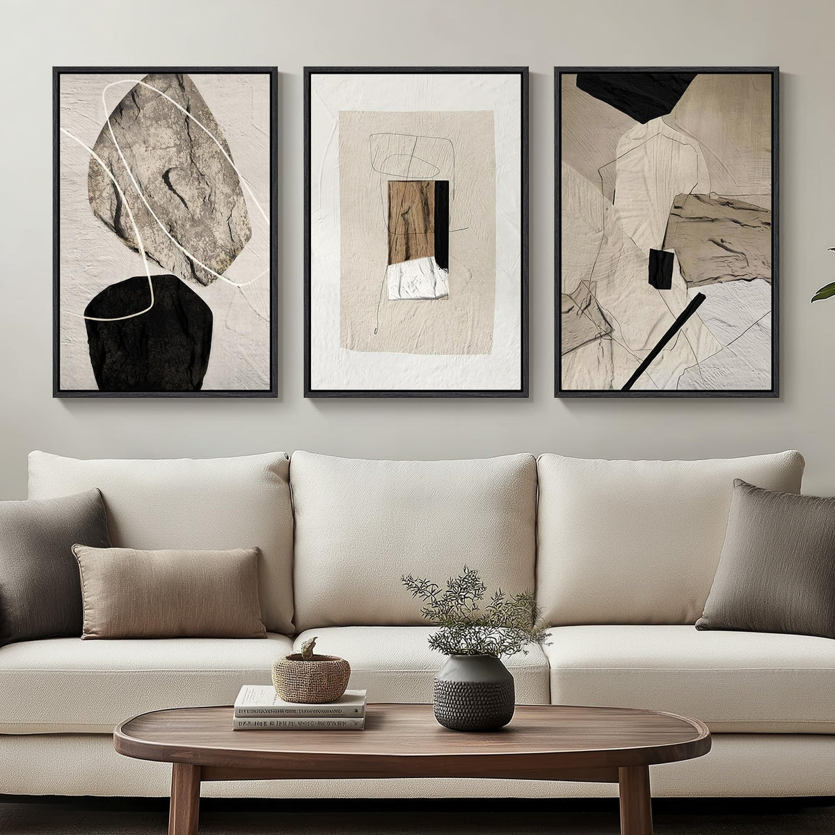Cuspin framed neutral abstract wall art trio 16x24 elevates modern living room ambience.