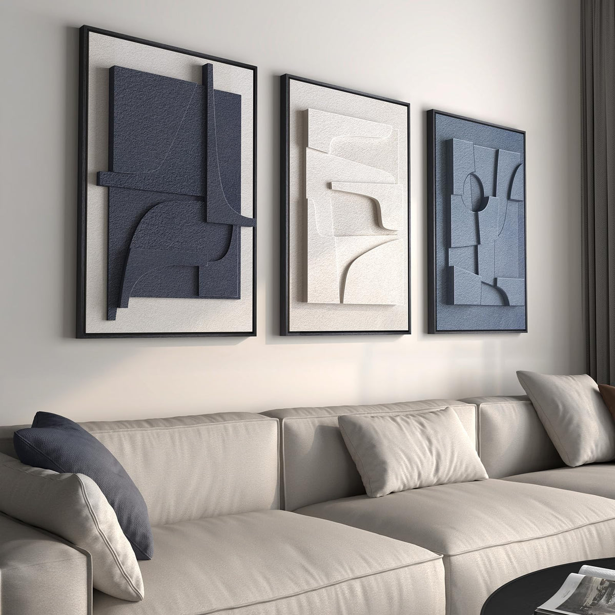 Cuspin large 3D textured wall art in blue and white enhances living room ambiance