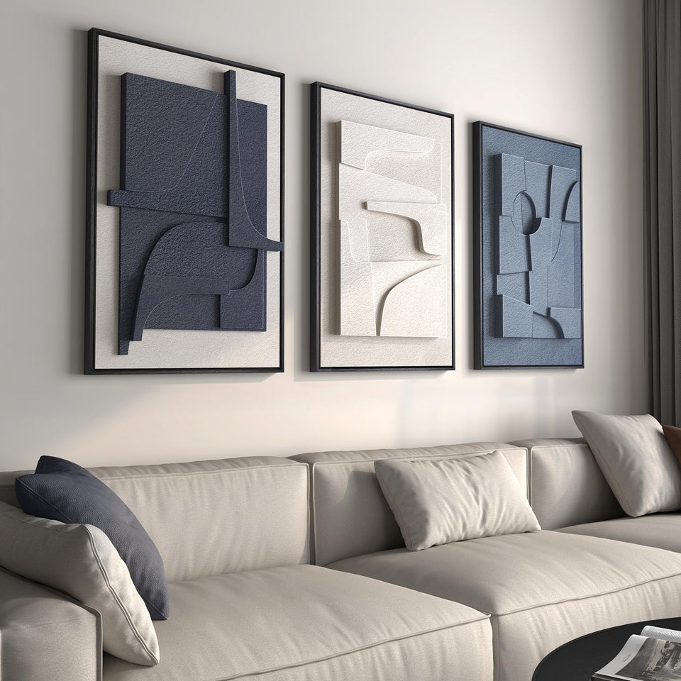Cuspin large 3D textured wall art in blue and white enhances living room ambiance