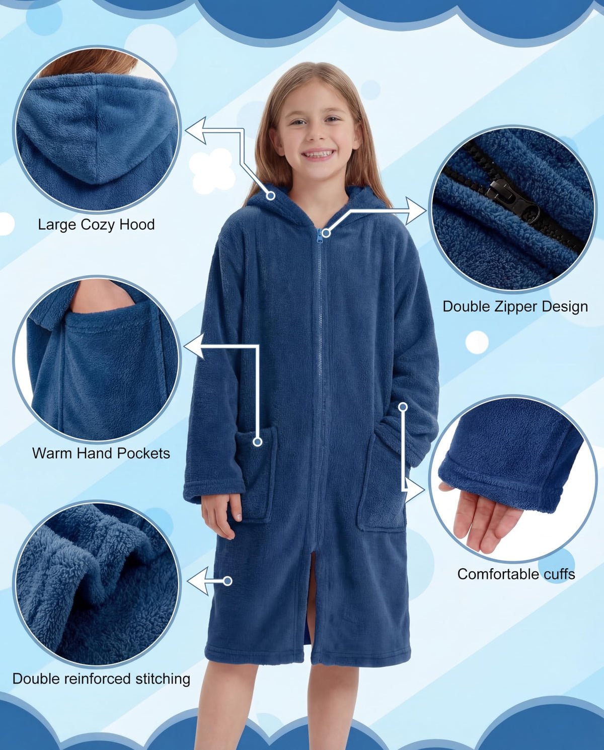 Cutecrop coral fleece kids towel robe, lightweight warmth after bath.