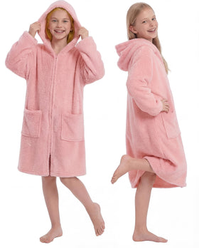 Cutecrop kids hooded towel robe in pink, soft coral fleece for post-swim warmth.