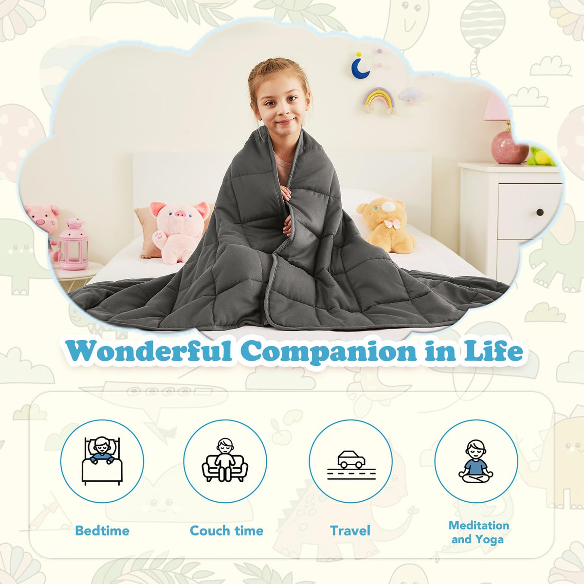 CuteKing weighted blanket on bed illustrating all-season cooling and heating