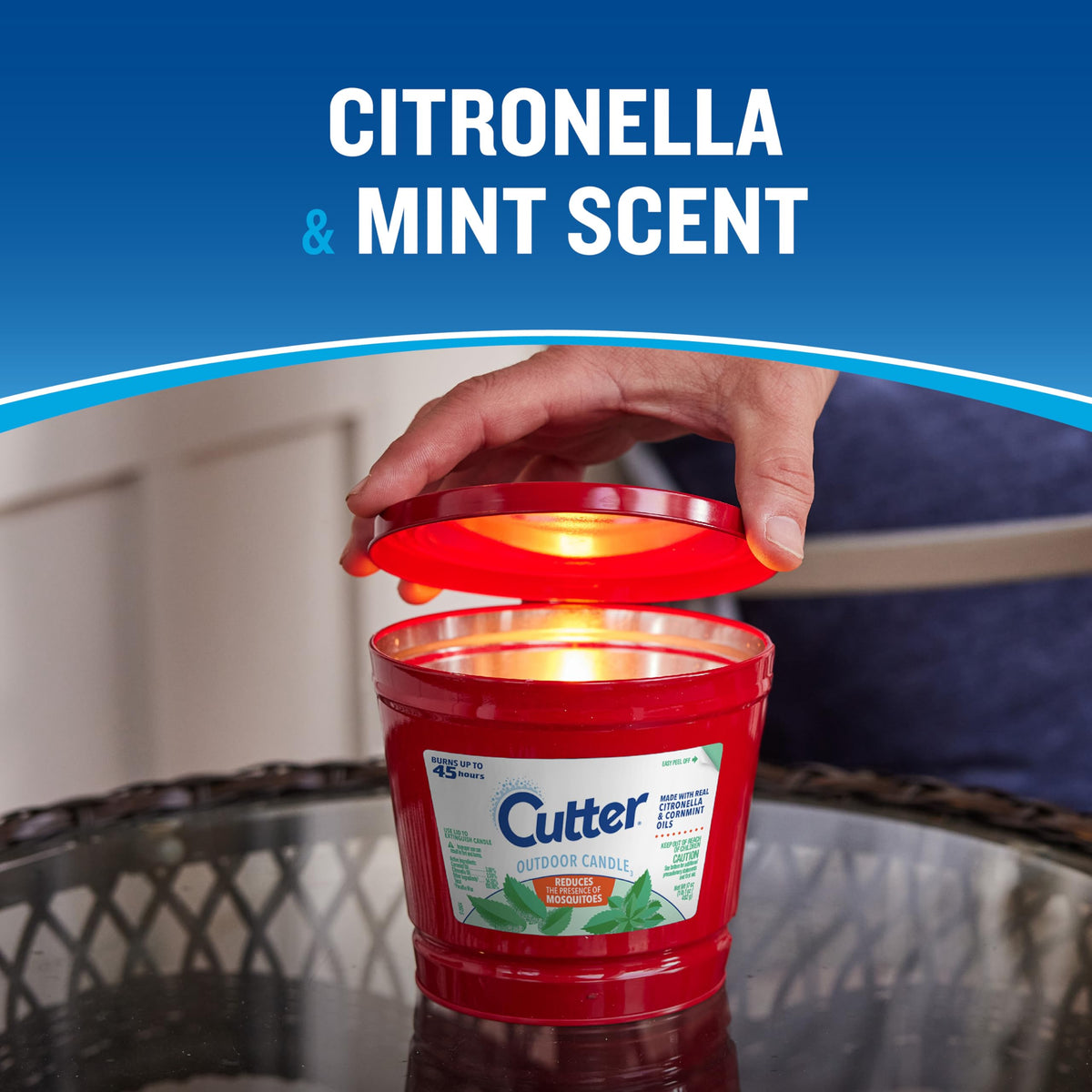 Cutter Candle outdoor table setup with accessible burn and fragrance.