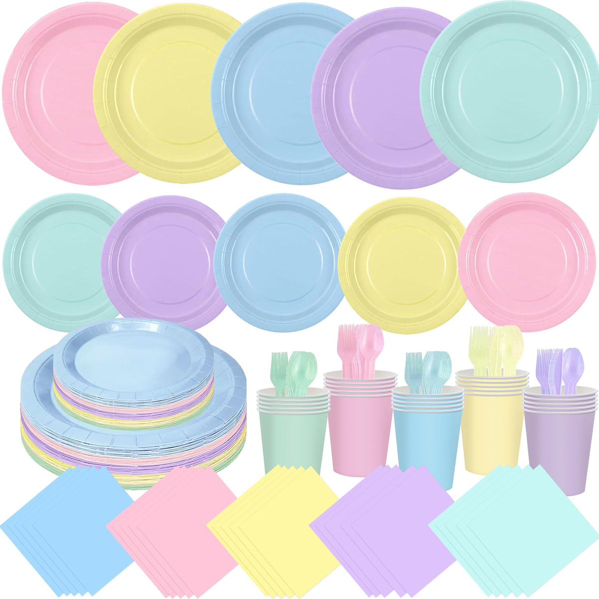 CUUSNNY pastel rainbow dinner plates in five soft hues create a warm, festive table setting.