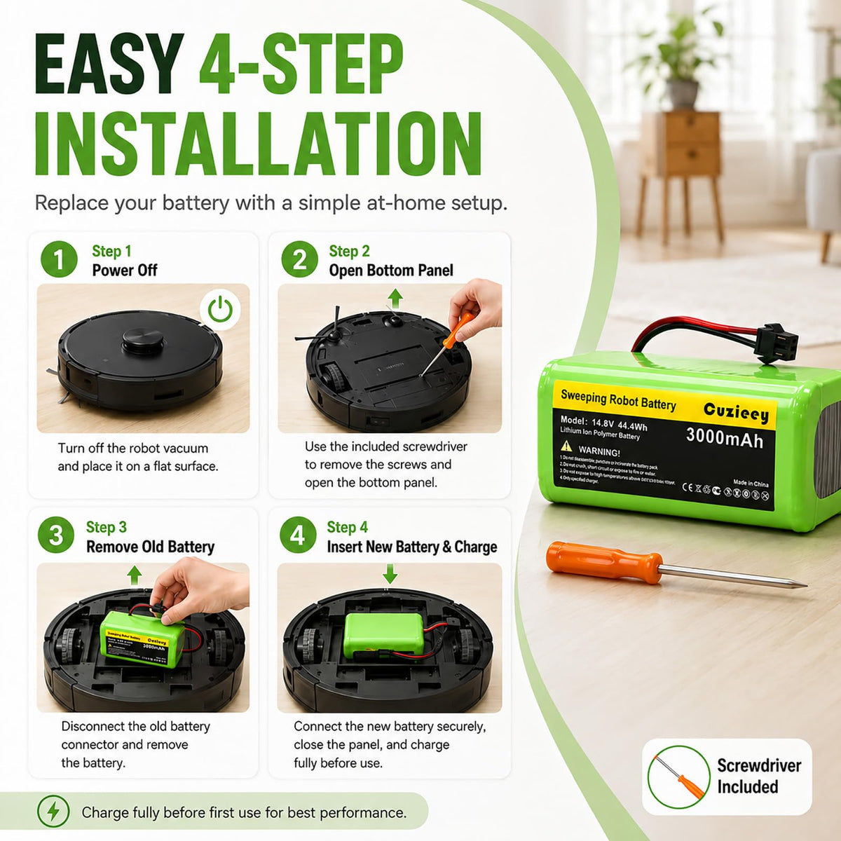 365-day warranty on the Cuzieey replacement battery for RoboVac users.