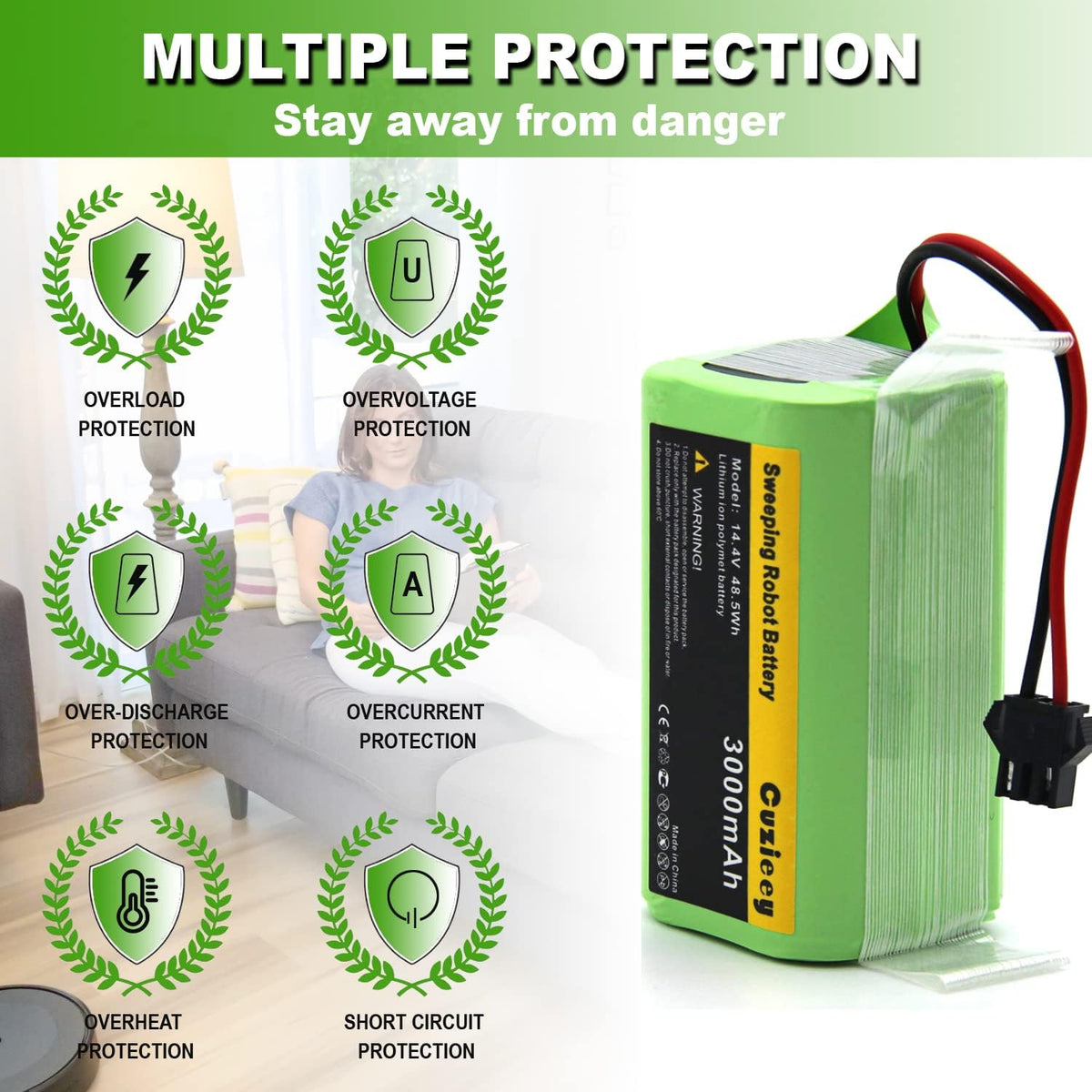 High-capacity 3000mAh cell for reliable long cleaning sessions across models.