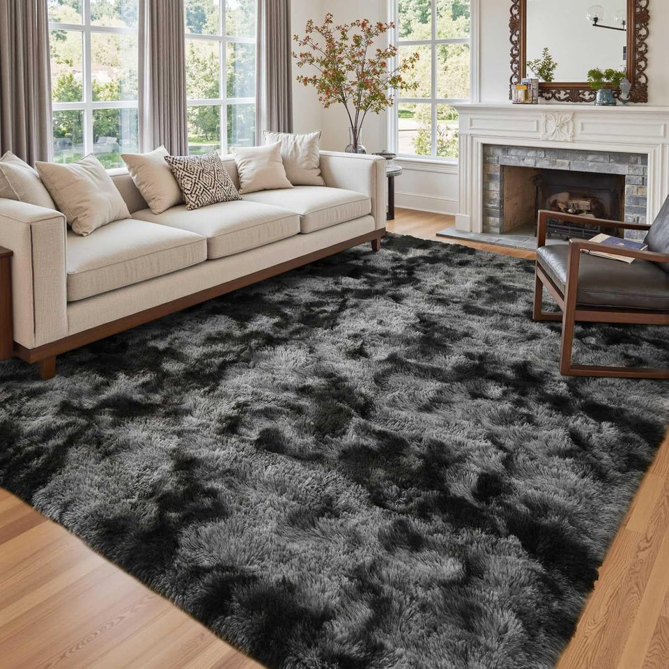 Cuzwlovita 5x7ft dark grey tie-dye shag rug adds cozy bedroom ambiance.