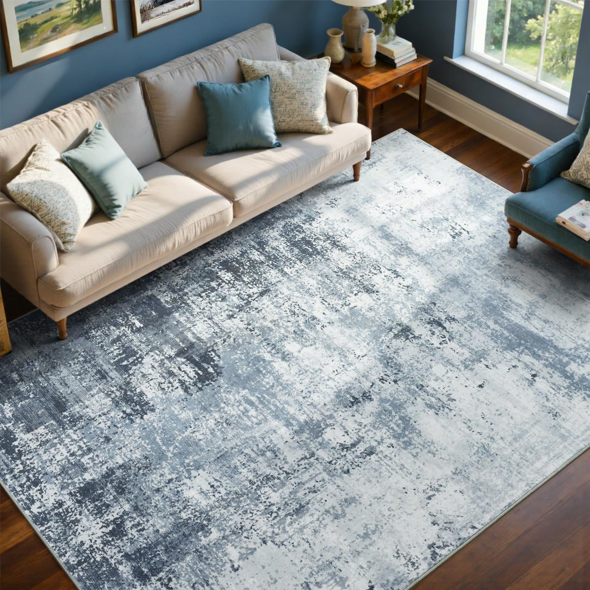 Cuzwlovita 6x9 blue abstract rug in living room view for modern warmth