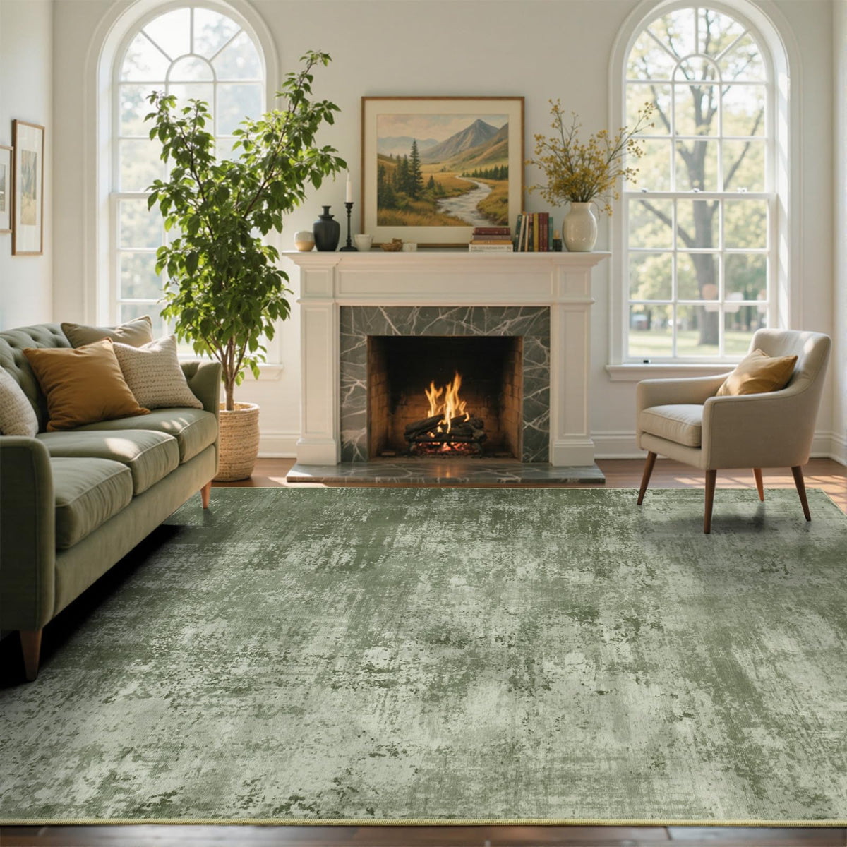 Cuzwlovita green abstract rug enhances bedroom ambiance with calm color