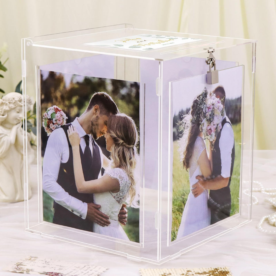 CYAOOI acrylic wedding card box with frame lets you view photos from all angles.