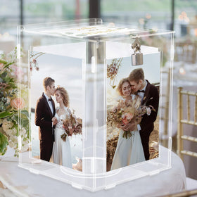 CYAOOI acrylic wedding card box front view with visible rotating frames for guest interaction.