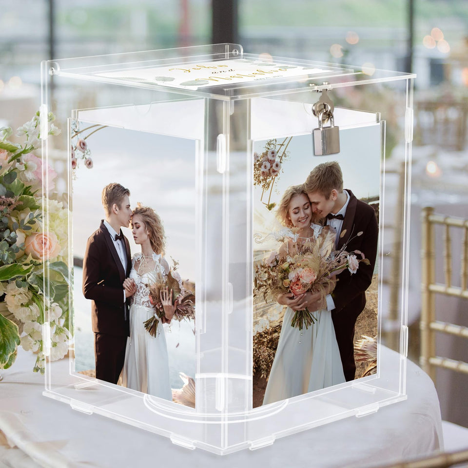 CYAOOI acrylic wedding card box front view with visible rotating frames for guest interaction.