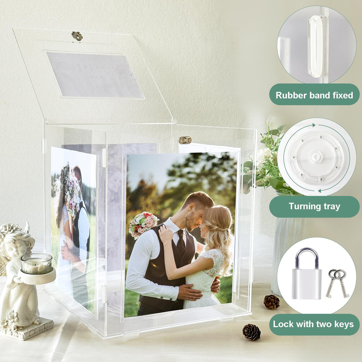 CYAOOI rotating tray inside the card box keeps guests' cards organized during the event.
