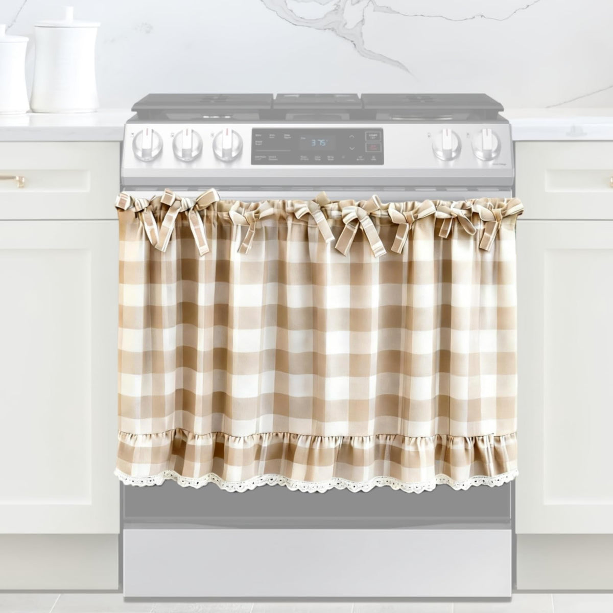Cyberplex beige and white check oven skirt closeup shows lace trim for cottage-style appeal.