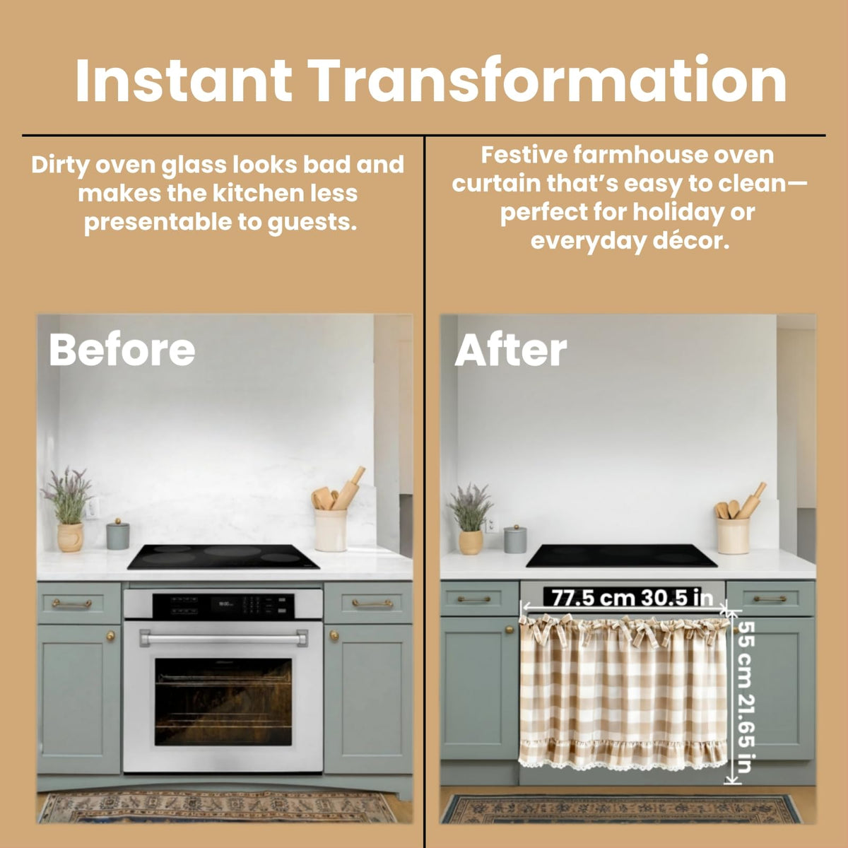Cyberplex beige-check oven skirt in a cozy kitchen highlighting rustic decor versatility.