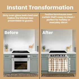 Cyberplex beige-check oven skirt in a cozy kitchen highlighting rustic decor versatility.