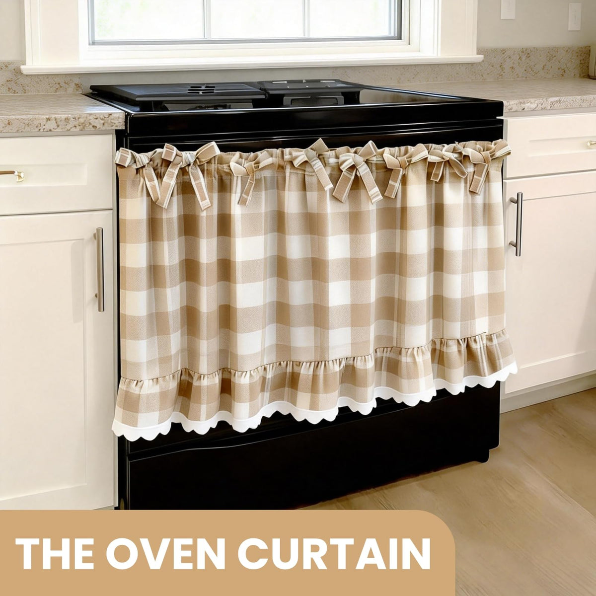 Cyberplex oven skirt with nine ribbon ties displayed for secure, easy installation.