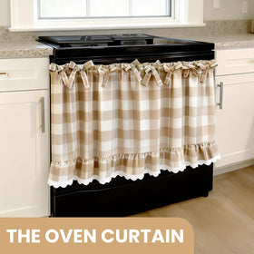 Cyberplex oven skirt with nine ribbon ties displayed for secure, easy installation.