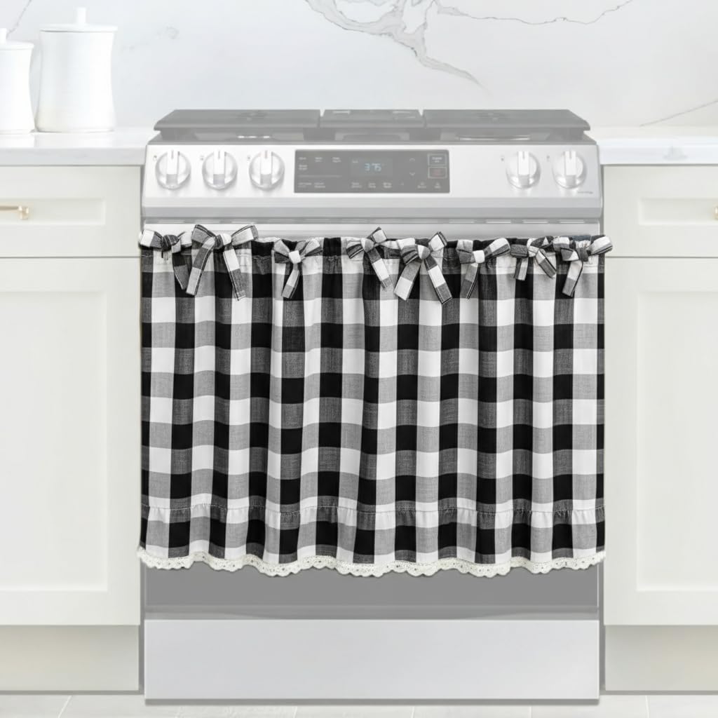 Cyberplex black and white check oven skirt front view enhances cozy farmhouse kitchen decor.