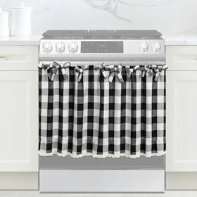 Cyberplex black and white check oven skirt front view enhances cozy farmhouse kitchen decor.