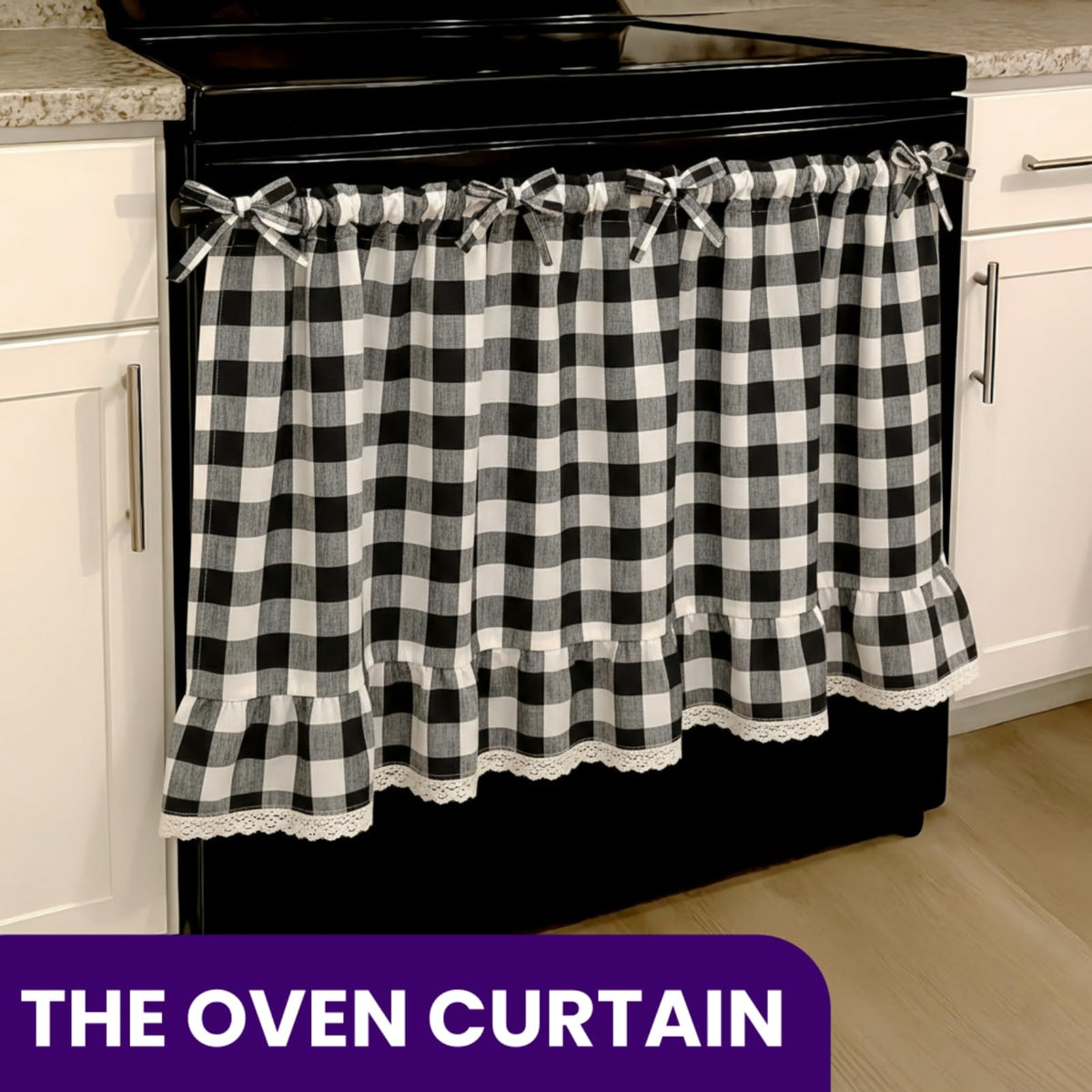 Cyberplex oven skirt lace trim detail highlights cottage style and decorative charm.