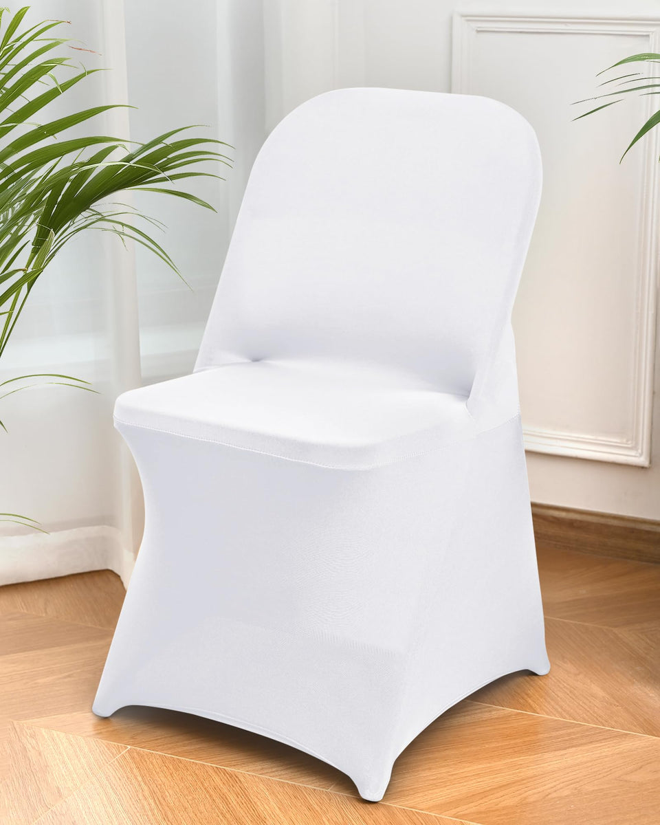 CYFFPKMN white spandex folding chair cover pack shows universal fit for elegant events.