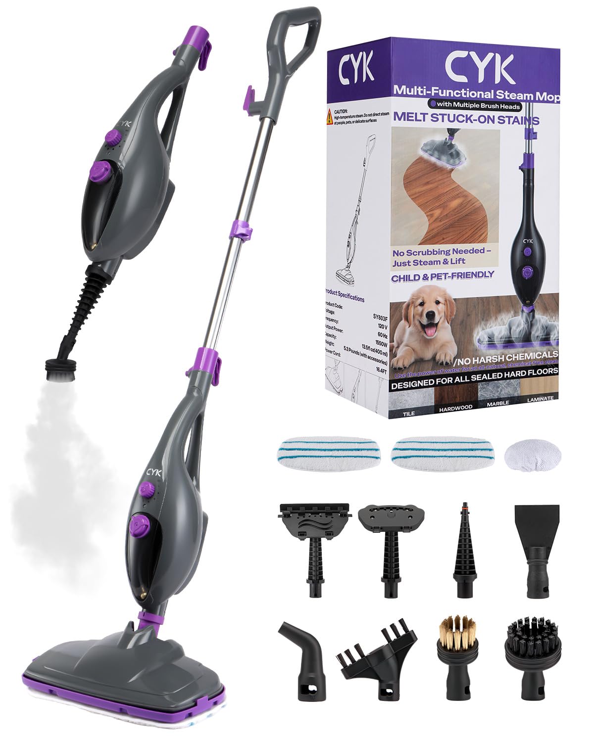 CYK steam mop in action, 12-in-1 versatility across surfaces