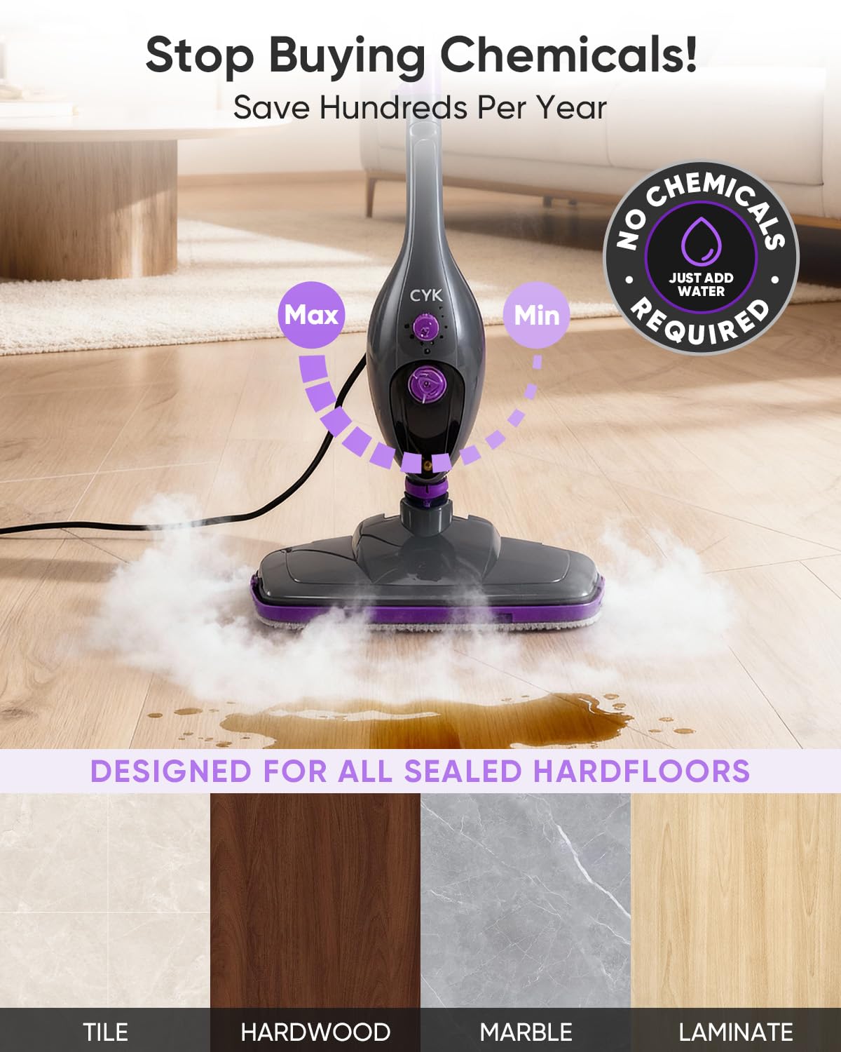 CYK steam mop uses chemical-free steam for safe cleaning