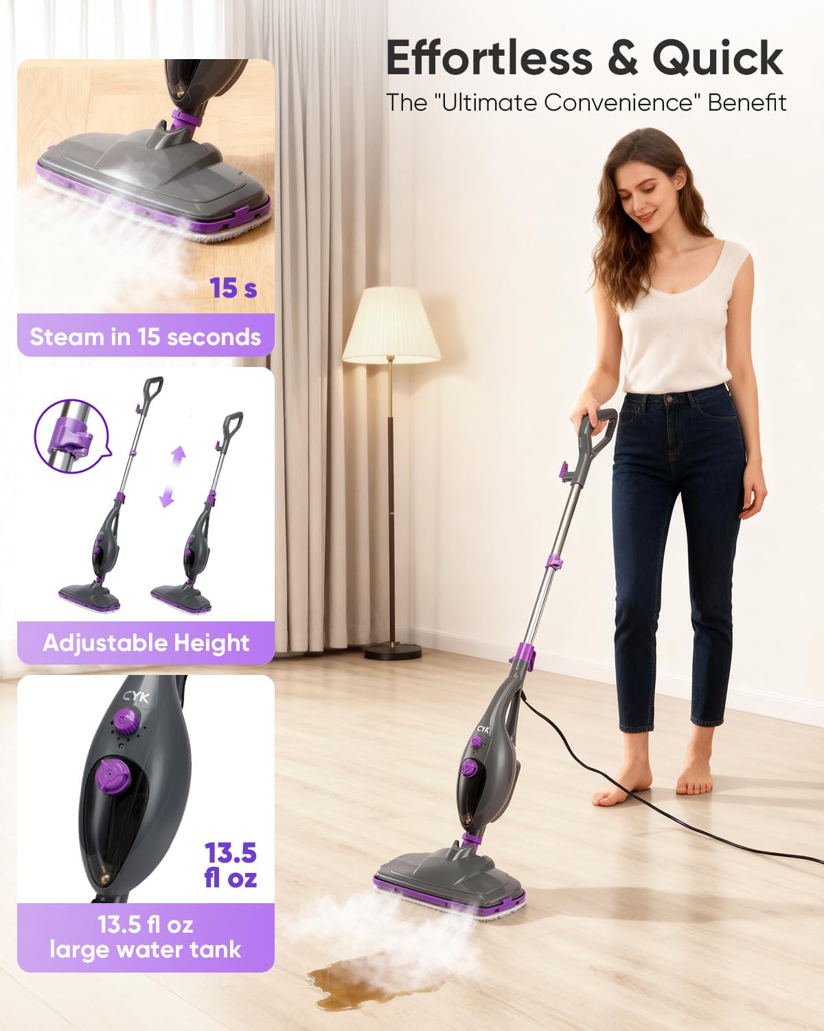 CYK steam mop reaching under furniture with flexible hose