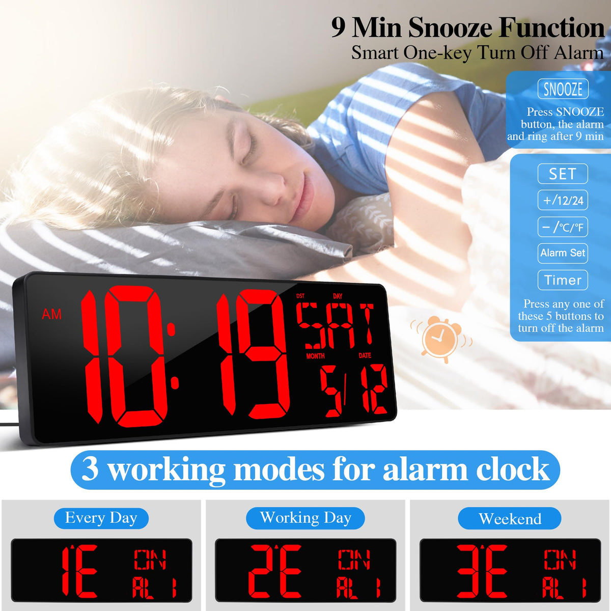 CYMHCHL outlet-powered clock with memory backup maintains settings after power loss.