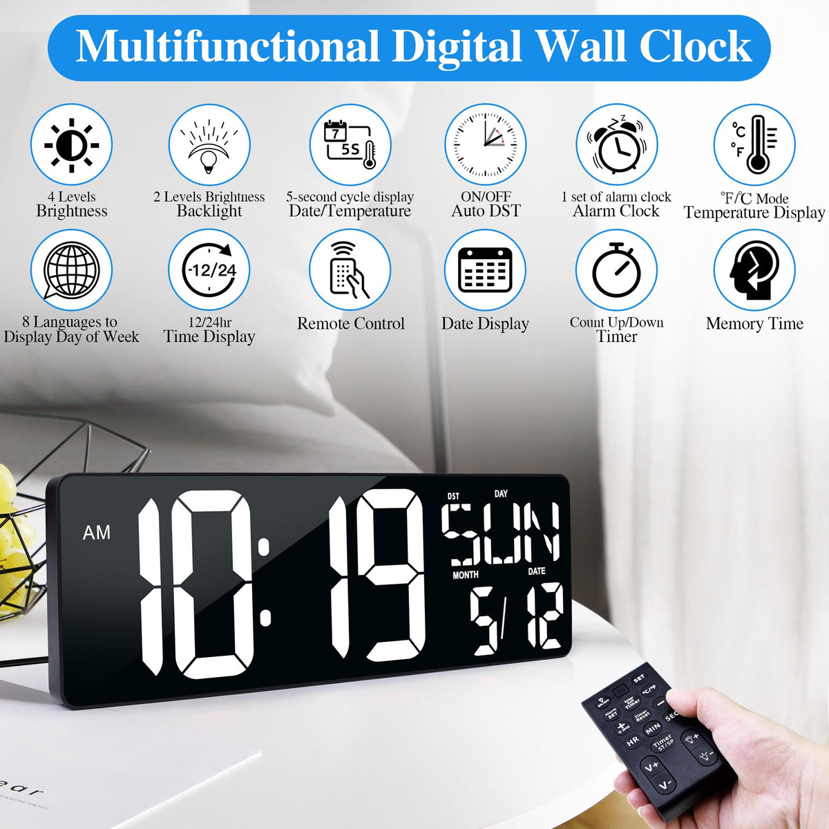 CYMHCHL clock shows time, date, day and temperature for daily reference.