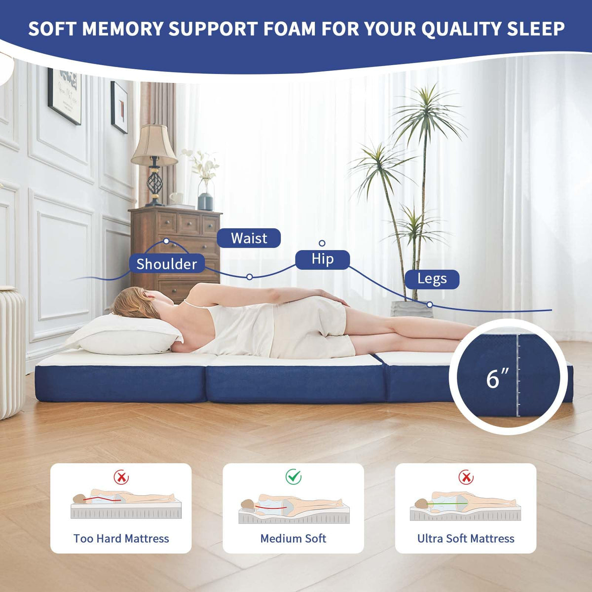 CYMULA folding mattress unfolded into a cozy floor bed for guests.