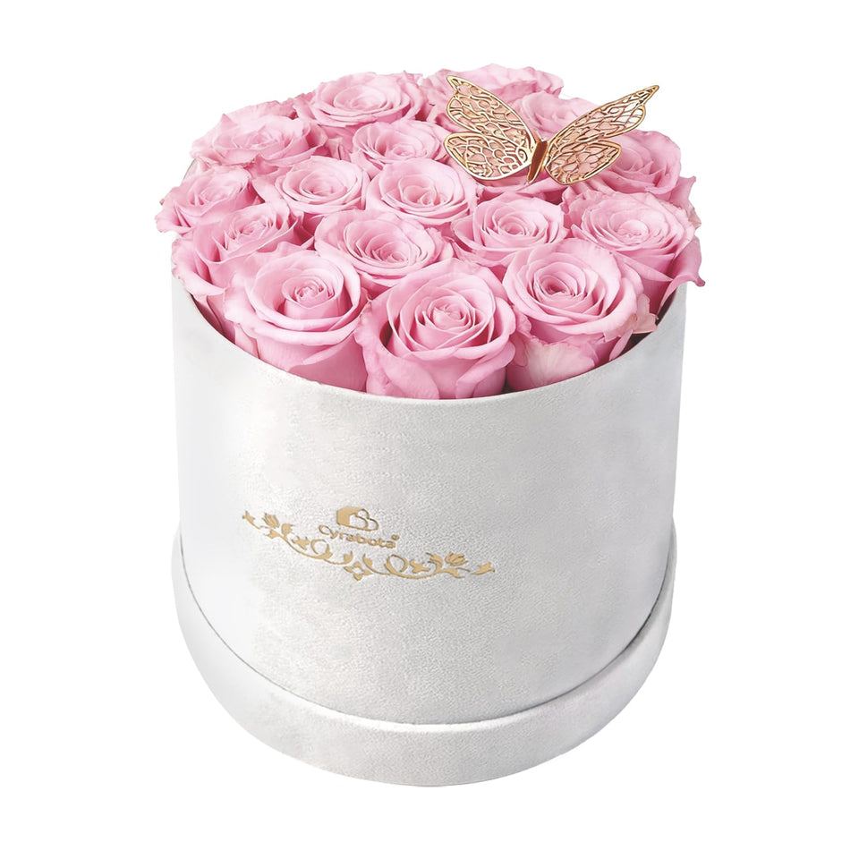 Cyrabota 16 pink preserved flowers in a round gift box showing lasting beauty for any room.