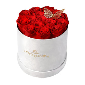 Cyrabota Forever Flowers in a Box shown in a soft suede round box for timeless gifting.