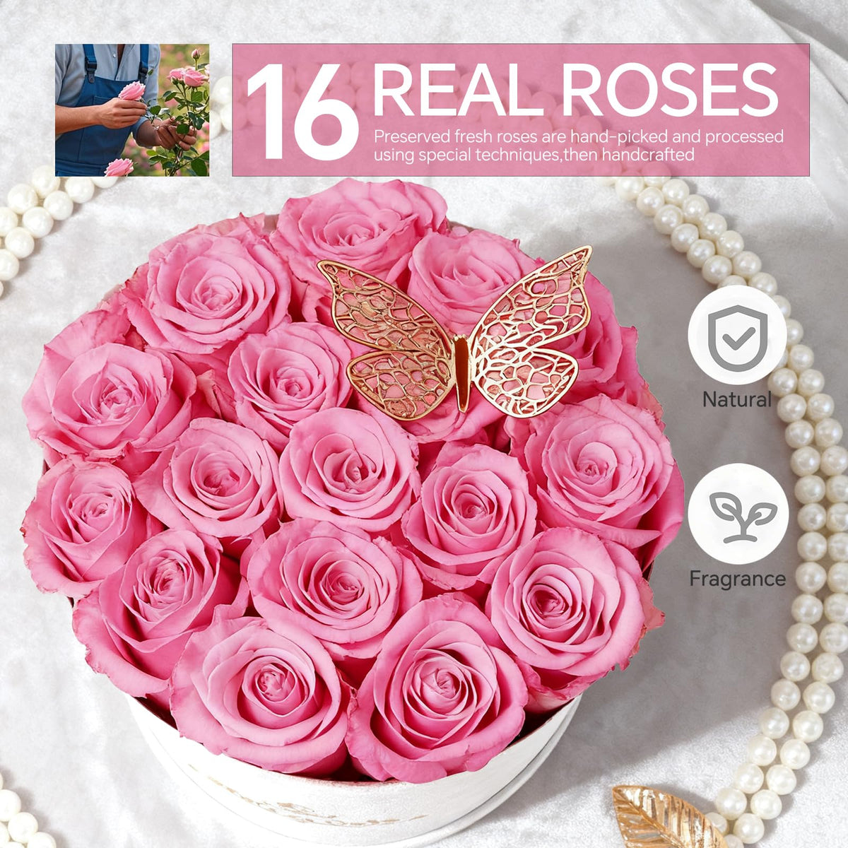 Cyrabota luxury suede round box showcasing preserved roses for elegant gifting.