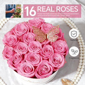 Cyrabota luxury suede round box showcasing preserved roses for elegant gifting.