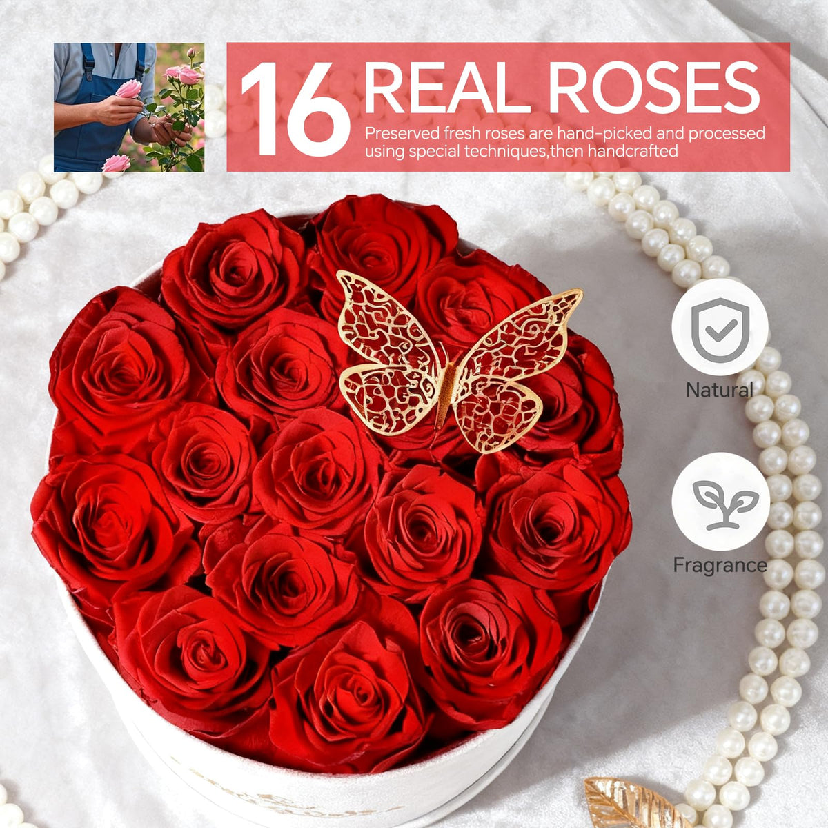 Cyrabota preserved roses in luxury suede box, emphasizing long-lasting beauty and texture.