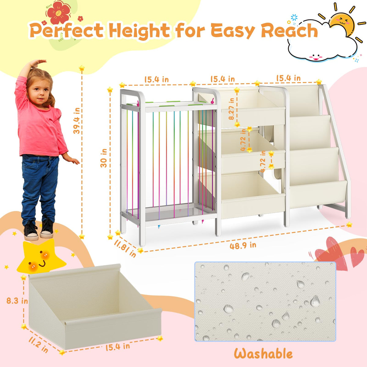 CYXPHION B2 kids bookshelf side view emphasizes sturdy frame and safety